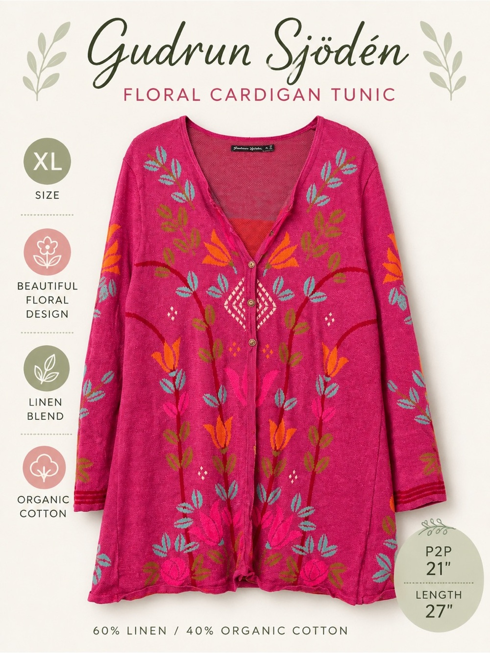 Gudrun Sjödén XL Pink Floral Organic Cotton Linen Cardigan Tunic Boho